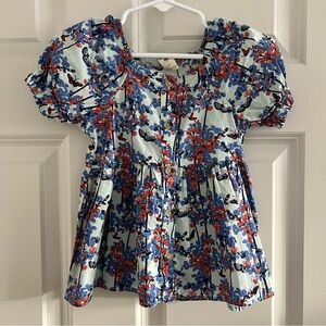 Kate Quinn Blue and Red Floral Puff Sleeve Top